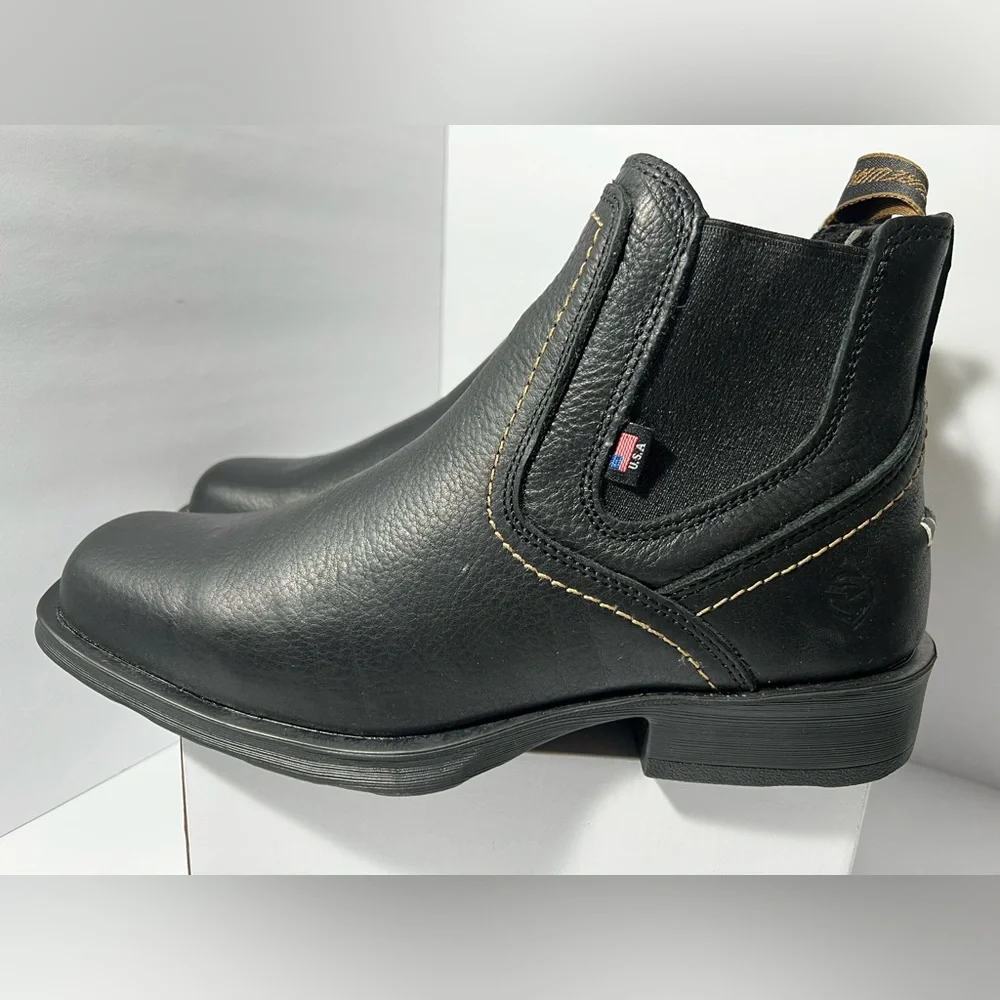 Sureway‎ Steel Toe Work Boots Black Tumbled Leather Slip On Safety Boots Mens 9